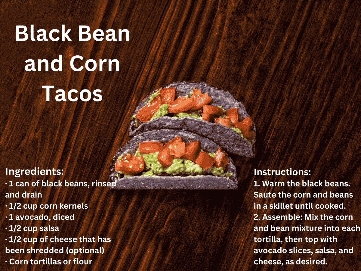 Vegetarian black bean tacos with avocado and salsa.