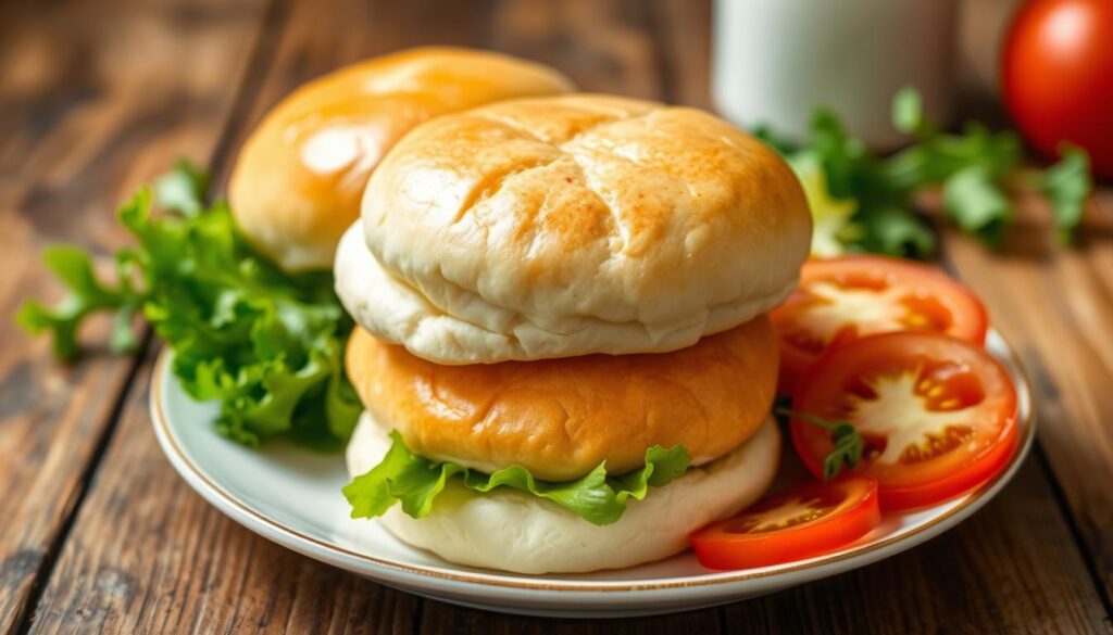 A beautifully arranged plate featuring fluffy, golden egg white burger buns, freshly baked and slightly glossy on the surface, with a soft texture. The buns are stacked high, showcasing their light and airy nature, surrounded by fresh greens like lettuce and slices of ripe tomatoes. The background is a rustic wooden table, enhancing the homemade feel, with soft, natural lighting illuminating the scene.