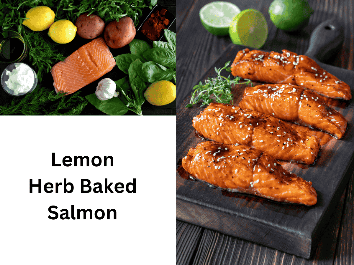 Baked salmon garnished with fresh lemon and dill on a baking sheet.