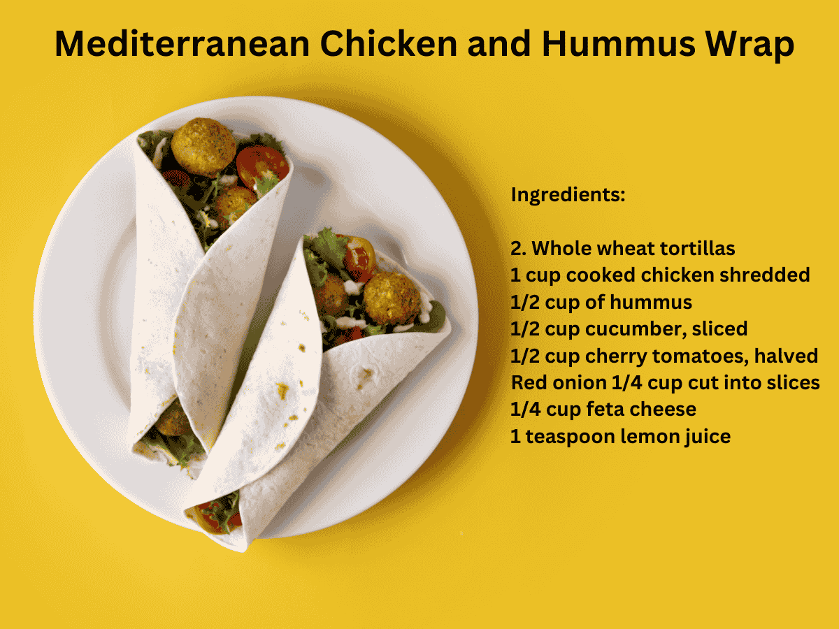 Mediterranean chicken wrap with hummus, cucumbers, and feta cheese.