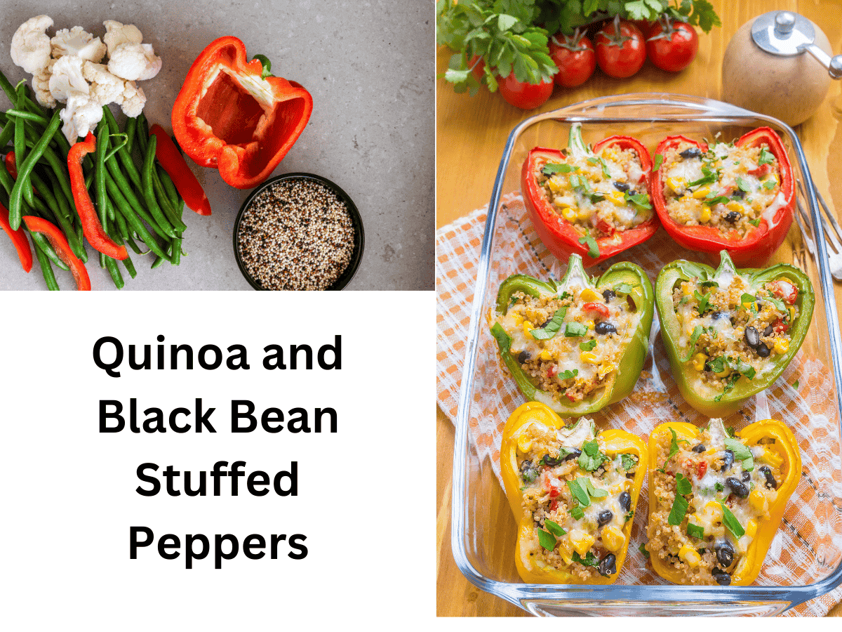 Bell peppers stuffed with quinoa, black beans, and corn.