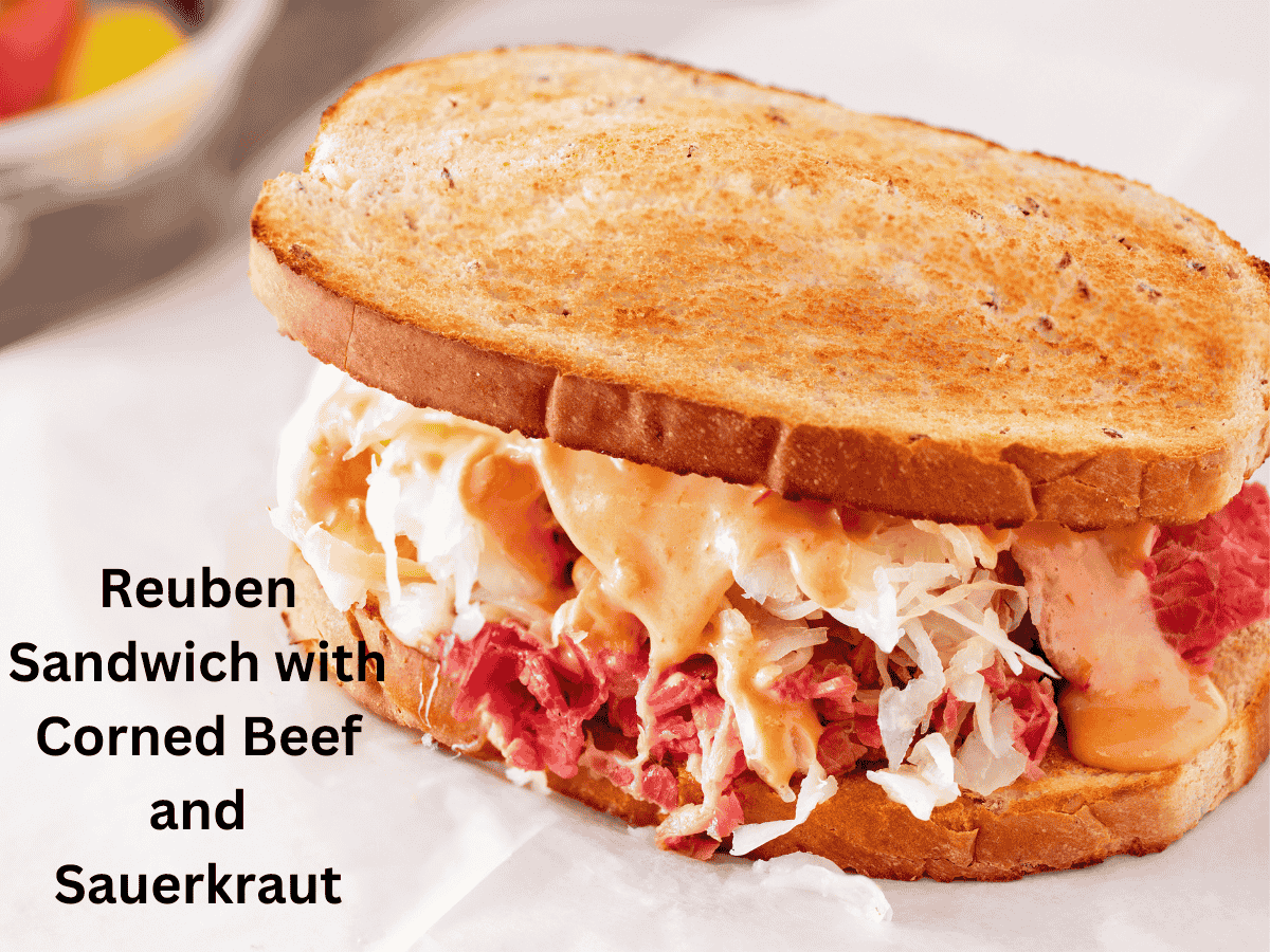 Grilled Reuben sandwich with corned beef and Swiss cheese.