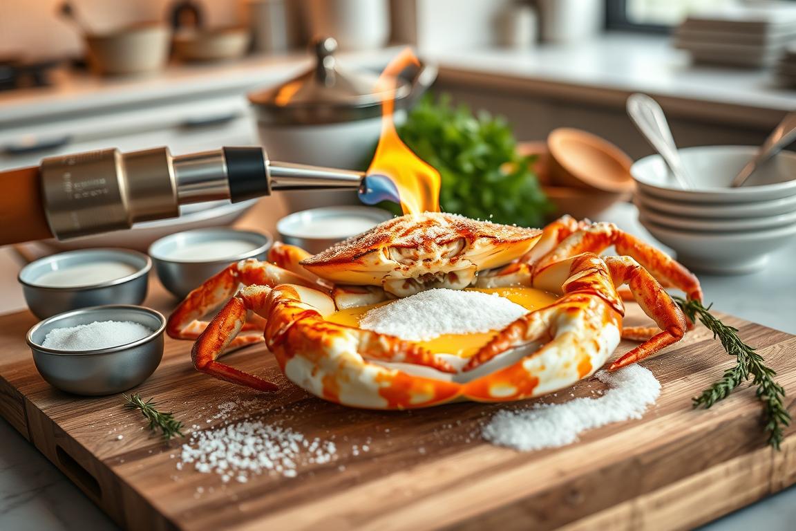 A beautifully arranged crab brulee preparation scene, featuring a fresh, cooked crab on a wooden cutting board surrounded by ingredients like cream, sugar, and herbs. A culinary torch is igniting the sugar on top of the dish, with a softly glowing flame. In the background, there are elegant serving dishes and kitchen utensils, all set in a bright, modern kitchen with warm lighting.